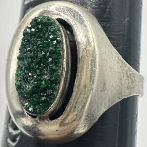 Soviet Russian vintage 925 sterling silver emerald green crystal druzy ring 8.5